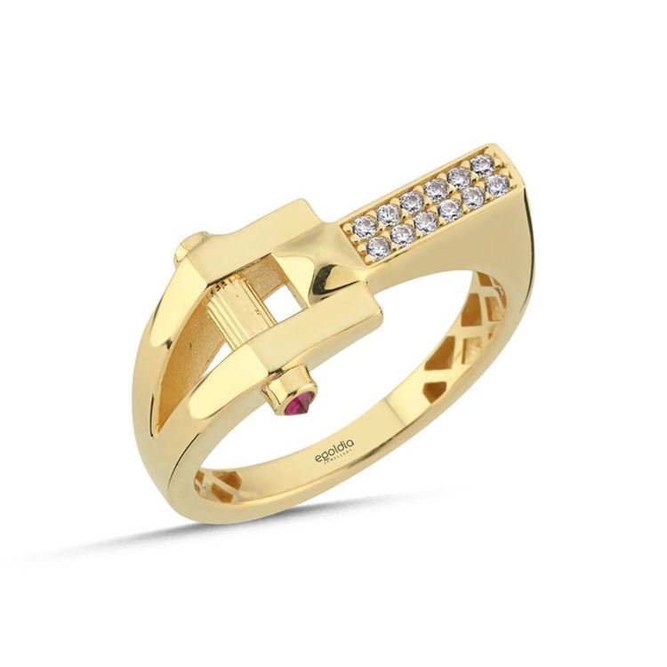 Yatay Dikey Tasarım Pembe Taşlı Yüzük