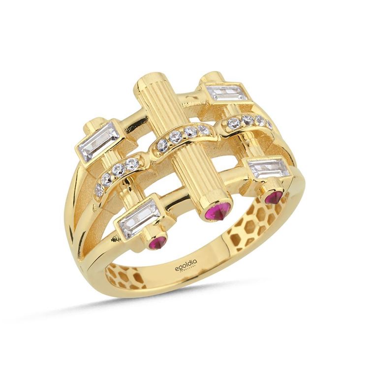 Üç Kol Çubuk Tasarım Baget Pembe Taşlı Yüzük