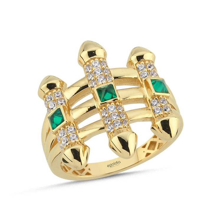 Baget Yeşil Üç Ok Tasarım Taşlı Yüzük