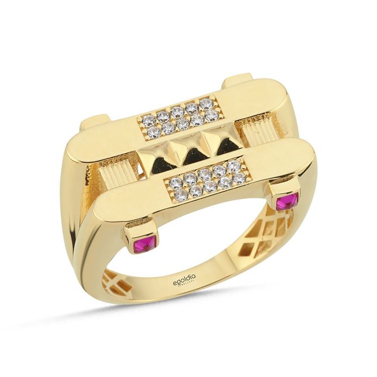 Dörtgen Tasarım Pembe Taşlı Yüzük