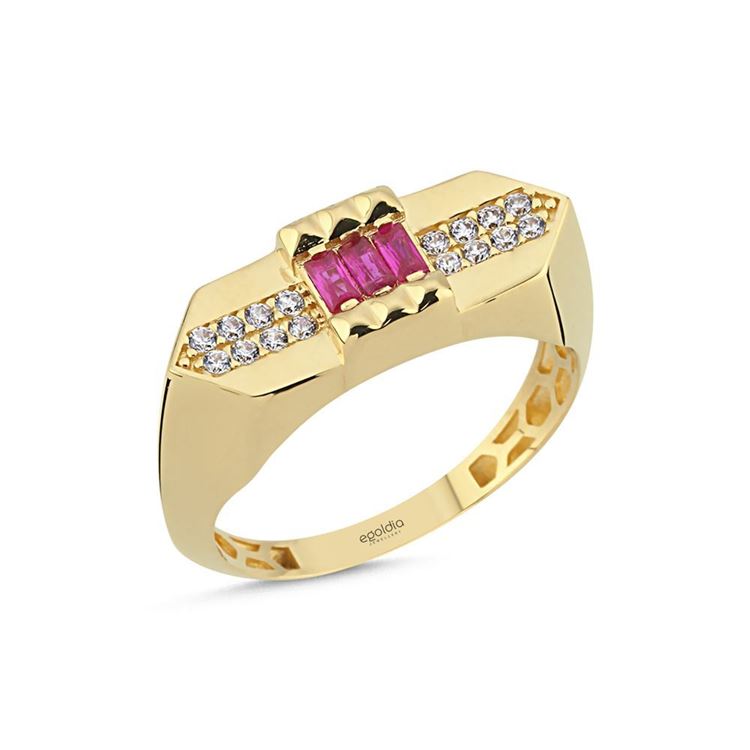 Sekizgen Beyaz Pembe Taşlı Yüzük