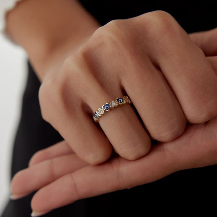 Nazar Gözlü Kalp Taşlı Yüzük