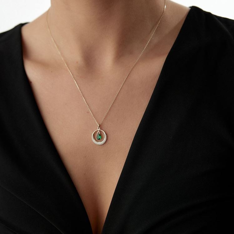 Damla Yeşil Taşlı Hilal Tasarım Kolye