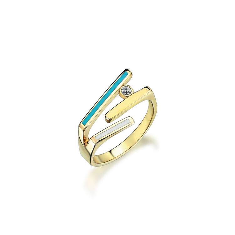 Sarı Altın Turkuaz-Beyaz Mineli Taşlı Minima Yüzük