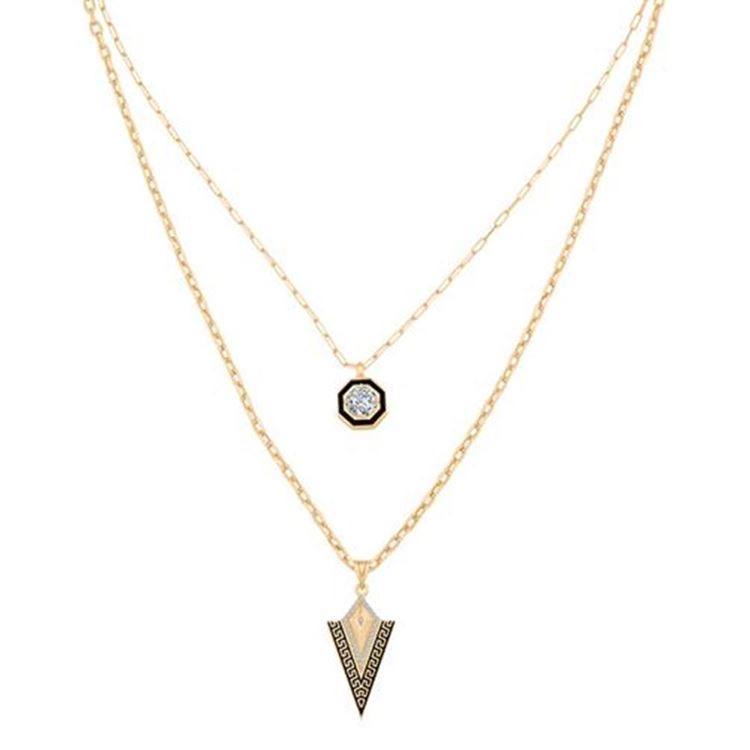 Çift Zincir Siyah Mineli Üçgen Kolye